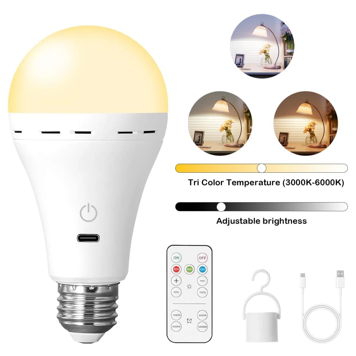 Rechargeable Light Bulbs with Remote Control, Smart Bulb E27 Cordless Battery Operated Light Bulb for Lamps,Dimmable/Timer