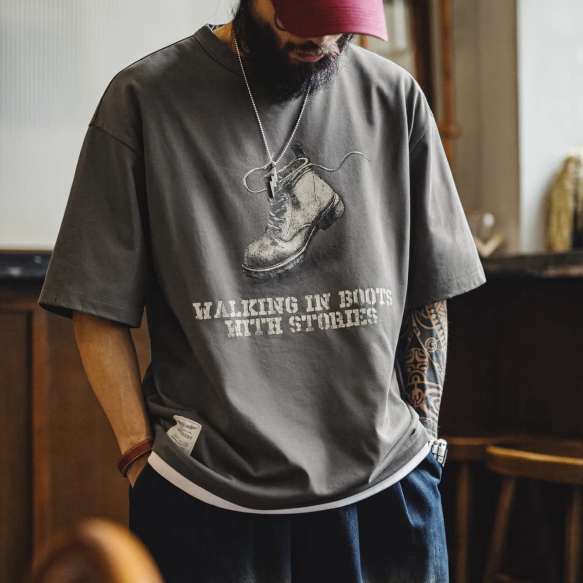 Maden Men's T-shirt Heavyweight Vintage Graphic Printed Crewneck Loose Oversized Short Sleeve Summer Tee Outdoor Streetwear