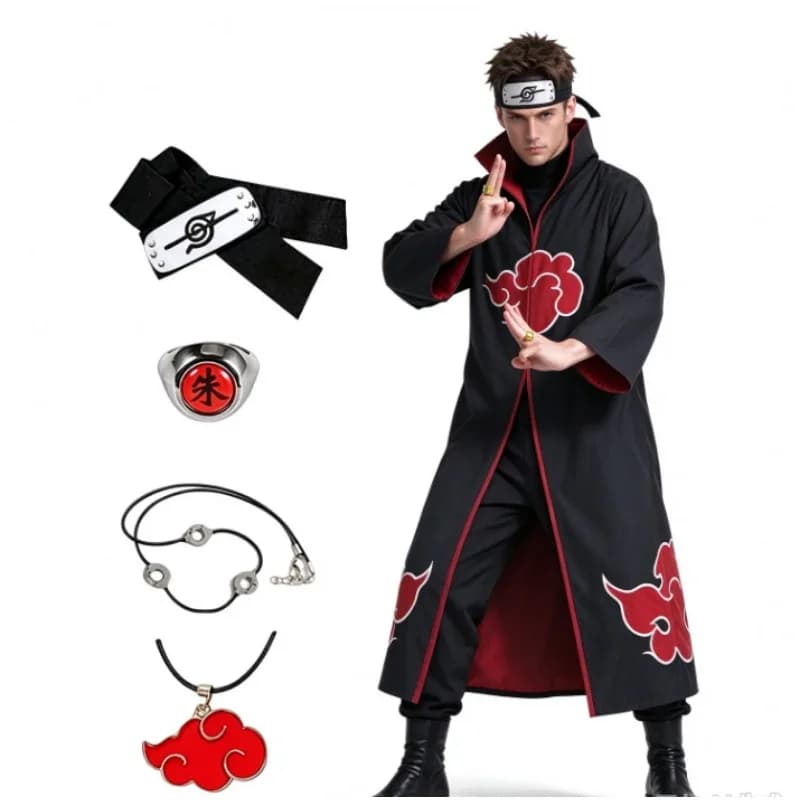 Anime Akatsuki Cosplay Costume Red Cloud Robe with Necklace Headband Ring Set for Role Play Adult Game Costume