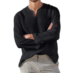 Men's Long Sleeve T-shirt Cotton Linen Solid Color Breathable Cozy Tops V Neck Casual Blouse Hawaiian Lightweight Male Tees