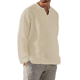 Men's Long Sleeve T-shirt Cotton Linen Solid Color Breathable Cozy Tops V Neck Casual Blouse Hawaiian Lightweight Male Tees
