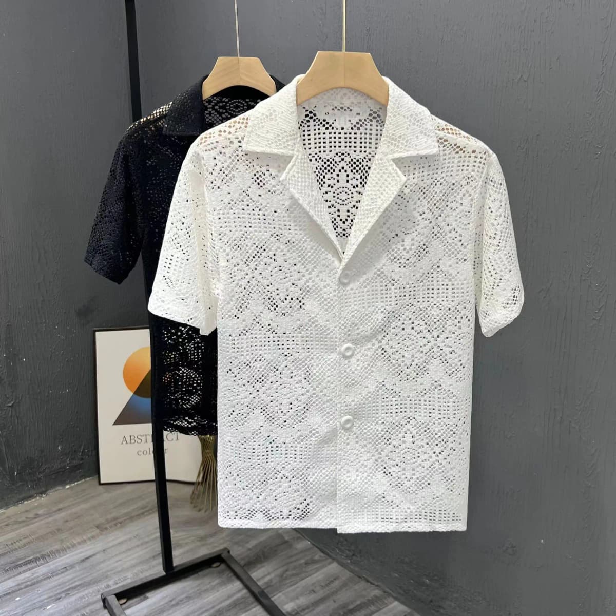 Vintage Ice Silk Lace Shirts For Men Sexy Lace Breathable Hollow Out Tops Summer Fashion Cuban Collar Short Sleeved Shirt Male