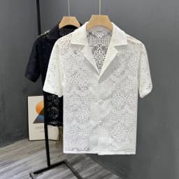 Vintage Ice Silk Lace Shirts For Men Sexy Lace Breathable Hollow Out Tops Summer Fashion Cuban Collar Short Sleeved Shirt Male