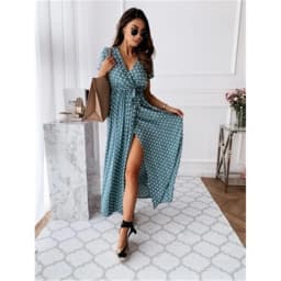 2026 Summer Bohemian Dresses For Ladies Vestidos Dress Woman Women's Clothing Slim Short Sleeves V-link Leace-up Slit Polka Dots