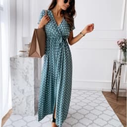 2026 Summer Bohemian Dresses For Ladies Vestidos Dress Woman Women's Clothing Slim Short Sleeves V-link Leace-up Slit Polka Dots