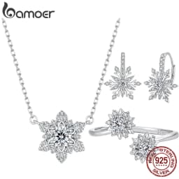 Bamoer 925 Sterling Silver Ice Flower Jewelry Set Double Snowflakes Open Ring Spring Hoop Earrings for Women Sparkling Gift