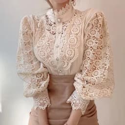 Elegant Loose Sweet Fashion Lace Women Blouse Office Stand Collar Casual Shirt Ladies Petal Long Sleeves Hollow Out Top Clothing