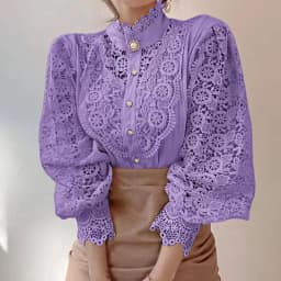 Elegant Loose Sweet Fashion Lace Women Blouse Office Stand Collar Casual Shirt Ladies Petal Long Sleeves Hollow Out Top Clothing