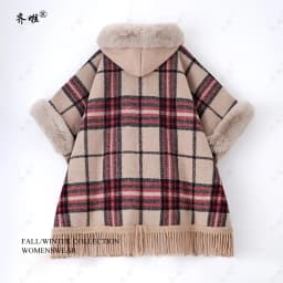 Faux Rabbit Fur Capes Coats Women Plaid Poncho Jackets Tassel Hooded Batwing Sleeves Open Stitch Loose Casual 2025 Autumn Winter