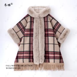 Faux Rabbit Fur Capes Coats Women Plaid Poncho Jackets Tassel Hooded Batwing Sleeves Open Stitch Loose Casual 2025 Autumn Winter