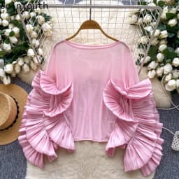 Chic Blouses for Women's Temperament Lady Tops Ruffles Gauze Loose Shirts 2025 Blusas Mujer De Moda Folds Korean Summer Blouse