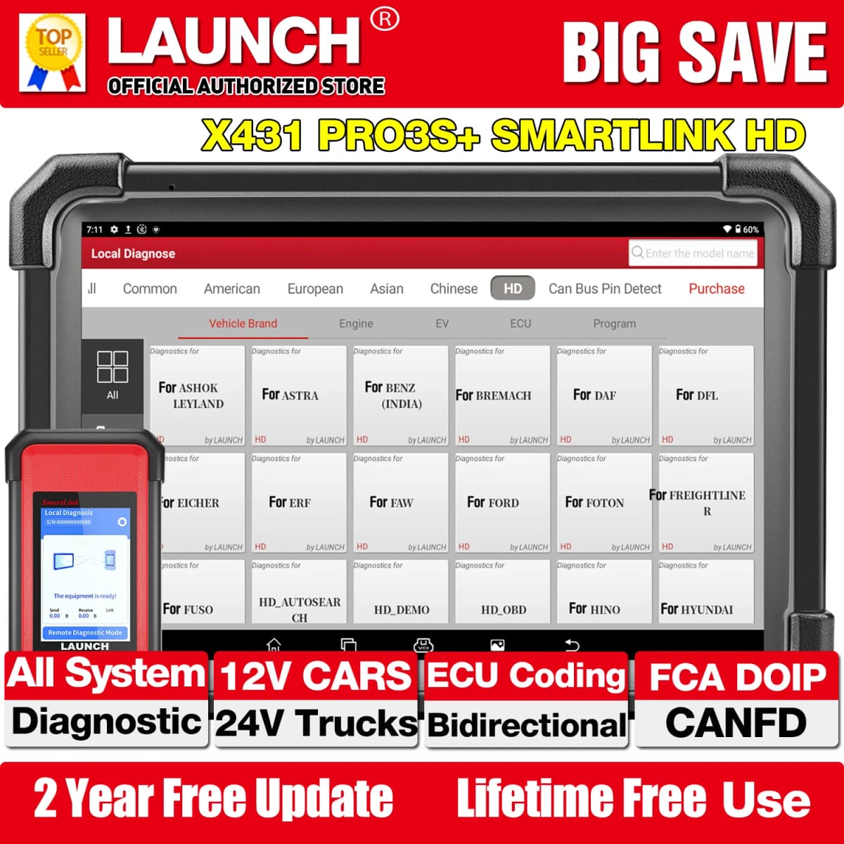 LAUNCH X431 PRO3S+ Smartlink HD Auto Diagnostic Tool For 12V Car + 24V Truck J2534 Program ECU Coding All Service Bidirectionnal