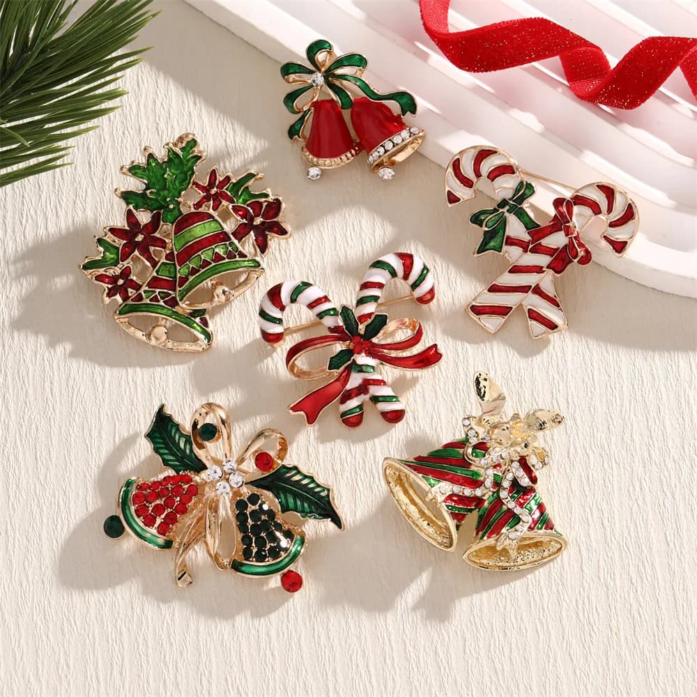 2026 New Christmas Jewelry Fashion Sweet Alloy Enamel Rhinestone Christmas Bells Brooch Pin For Women Clothing Accessories