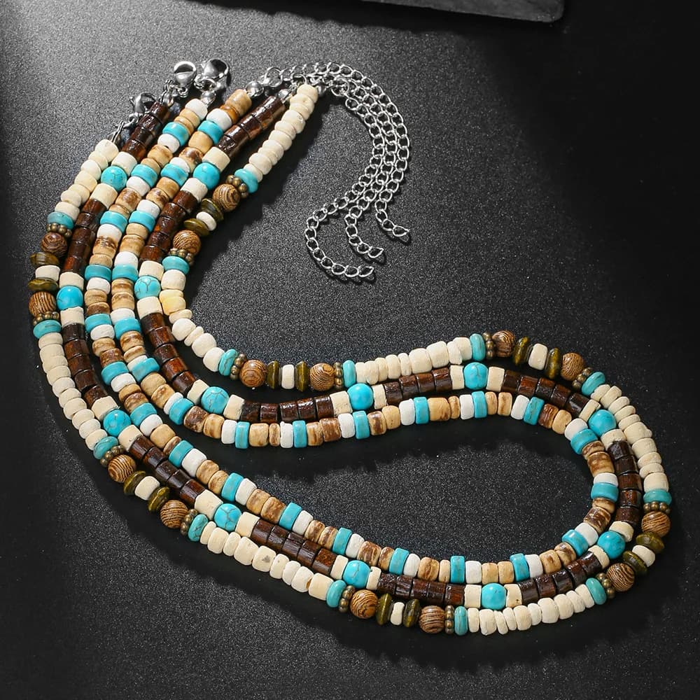 Boho Beaded Necklace for Men New Natural Coconut Shell Turquoises Wood Bead Chain Necklace Men's Fashion Neck Jewelry