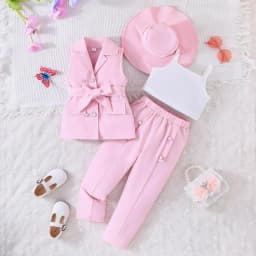 Children's Clothing Girl's Elegant Suit Dot Lace Sleeve Belted Blazer Coat Top and Pants Sets Three Piece Sets For Kids Clothes