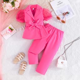 Children's Clothing Girl's Elegant Suit Dot Lace Sleeve Belted Blazer Coat Top and Pants Sets Three Piece Sets For Kids Clothes