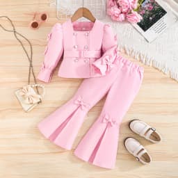 Children's Clothing Girl's Elegant Suit Dot Lace Sleeve Belted Blazer Coat Top and Pants Sets Three Piece Sets For Kids Clothes
