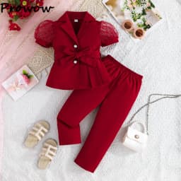 Children's Clothing Girl's Elegant Suit Dot Lace Sleeve Belted Blazer Coat Top and Pants Sets Three Piece Sets For Kids Clothes