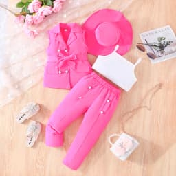 Children's Clothing Girl's Elegant Suit Dot Lace Sleeve Belted Blazer Coat Top and Pants Sets Three Piece Sets For Kids Clothes