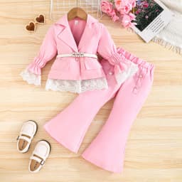 Children's Clothing Girl's Elegant Suit Dot Lace Sleeve Belted Blazer Coat Top and Pants Sets Three Piece Sets For Kids Clothes