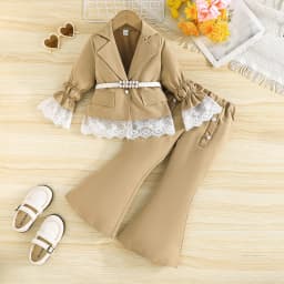 Children's Clothing Girl's Elegant Suit Dot Lace Sleeve Belted Blazer Coat Top and Pants Sets Three Piece Sets For Kids Clothes