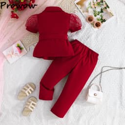 Children's Clothing Girl's Elegant Suit Dot Lace Sleeve Belted Blazer Coat Top and Pants Sets Three Piece Sets For Kids Clothes