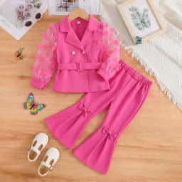 Children's Clothing Girl's Elegant Suit Dot Lace Sleeve Belted Blazer Coat Top and Pants Sets Three Piece Sets For Kids Clothes