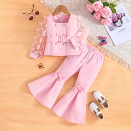 Children's Clothing Girl's Elegant Suit Dot Lace Sleeve Belted Blazer Coat Top and Pants Sets Three Piece Sets For Kids Clothes