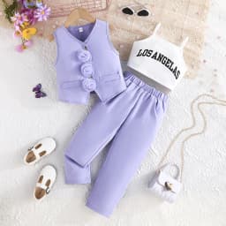 Children's Clothing Girl's Elegant Suit Dot Lace Sleeve Belted Blazer Coat Top and Pants Sets Three Piece Sets For Kids Clothes