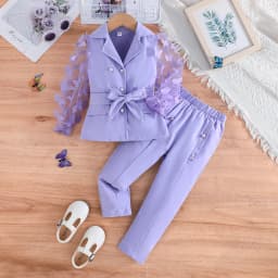 Children's Clothing Girl's Elegant Suit Dot Lace Sleeve Belted Blazer Coat Top and Pants Sets Three Piece Sets For Kids Clothes