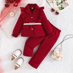 Children's Clothing Girl's Elegant Suit Dot Lace Sleeve Belted Blazer Coat Top and Pants Sets Three Piece Sets For Kids Clothes