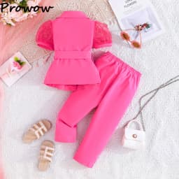 Children's Clothing Girl's Elegant Suit Dot Lace Sleeve Belted Blazer Coat Top and Pants Sets Three Piece Sets For Kids Clothes