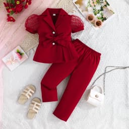 Children's Clothing Girl's Elegant Suit Dot Lace Sleeve Belted Blazer Coat Top and Pants Sets Three Piece Sets For Kids Clothes