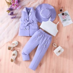 Children's Clothing Girl's Elegant Suit Dot Lace Sleeve Belted Blazer Coat Top and Pants Sets Three Piece Sets For Kids Clothes