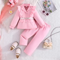 Children's Clothing Girl's Elegant Suit Dot Lace Sleeve Belted Blazer Coat Top and Pants Sets Three Piece Sets For Kids Clothes