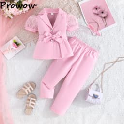 Children's Clothing Girl's Elegant Suit Dot Lace Sleeve Belted Blazer Coat Top and Pants Sets Three Piece Sets For Kids Clothes