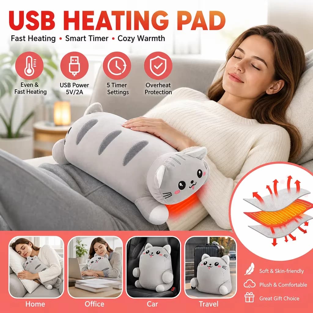 USB Heated Cat Pillow with 5 Heat 5 Timers, Cute Plush Heating Pad for Shoulder Belly Care, Cozy Warm Stuffed Animal Toy