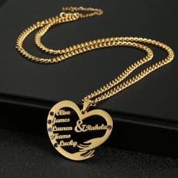 Custom Family Names Necklace Personalized Stainless Steel Pendant with 3mm Cuban Chain Birthstone Heart Hand Hug Life Tree