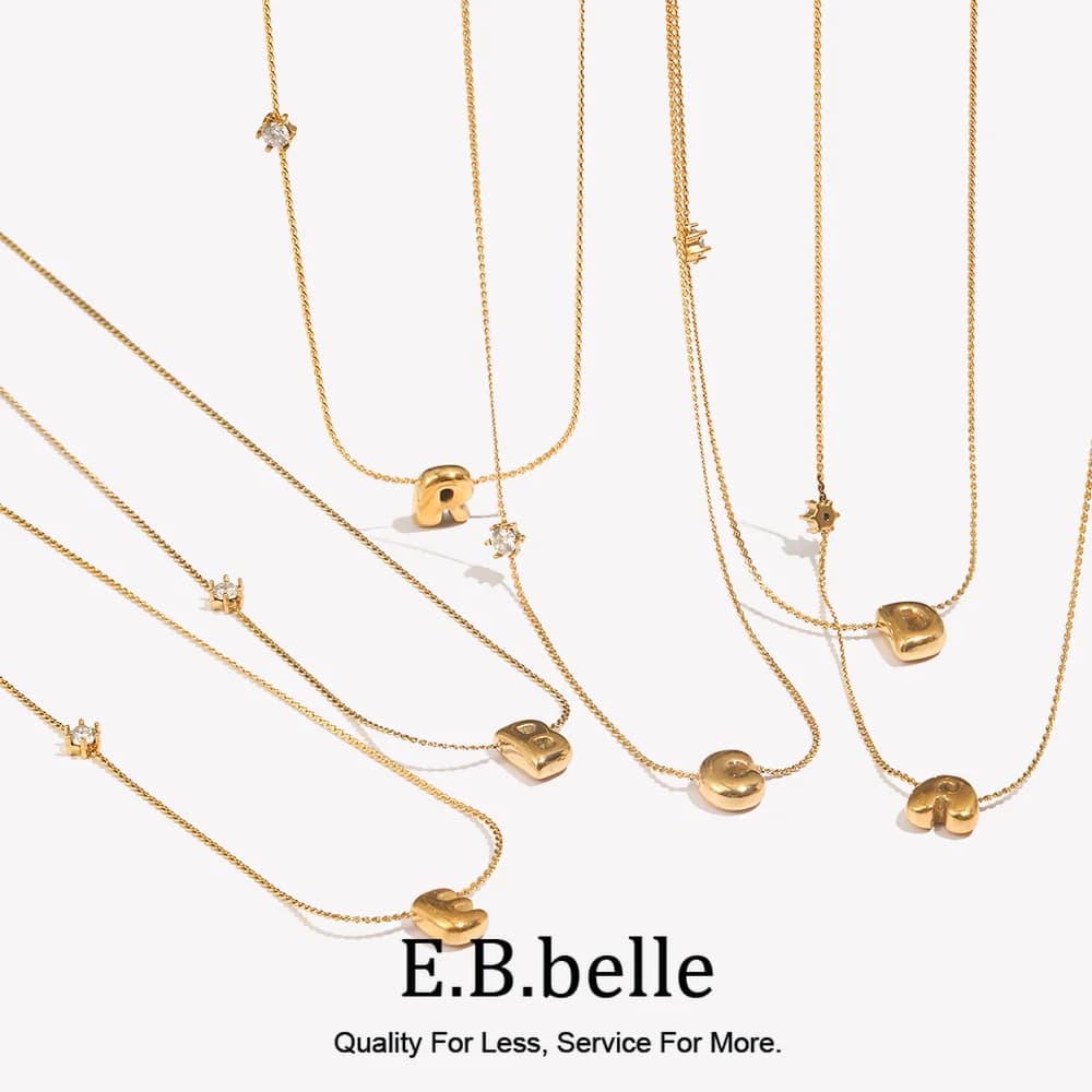 E.B.belle Zircon Bubble 26 Letters Necklace Stacked Jewelry 18K Gold Plated Stainless Steel For Women Charm Hypoallergenic