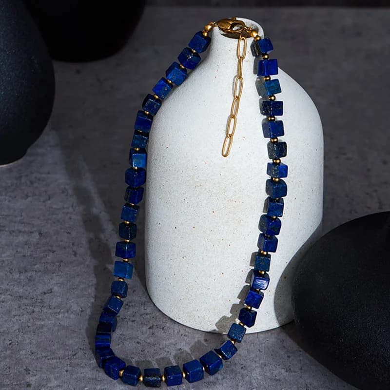 European and American simplicity Lapis Lazuli Blue Square Sweater Chain Necklace Luxury Autumn Winter Accessory Bead Light