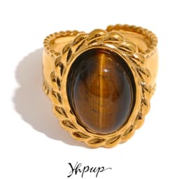Yhpup Stainless Steel Wide Chunky Ring Inlaid Tiger Natural Stone Jewelry Trend Europe Bijoux Vintage Stylish Statement