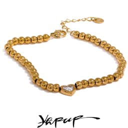 Yhpup Stainless Steel Beads Chain Heart Zircon Handmade Bracelet Bangle Gold Color Waterproof Charm Jewelry for Women Gala Gift