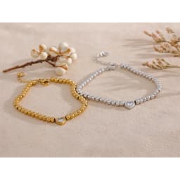 Yhpup Stainless Steel Beads Chain Heart Zircon Handmade Bracelet Bangle Gold Color Waterproof Charm Jewelry for Women Gala Gift