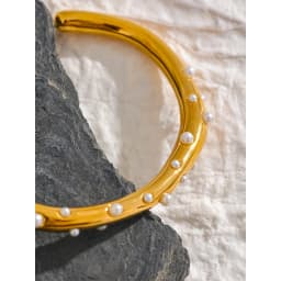 Yhpup Elegant Imitation Pearls Stainless Steel Gold Color Open Cuff Bracelet Bangle for Women Texture Charm Jewelry