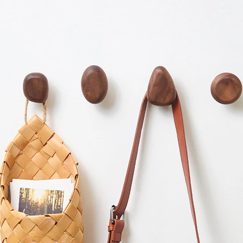 Scandinavian Solid Wood Handle Clothes Hook Coat Hook Wall-mounted Hook Punch-free Door Clothes Hanger Pebble Shape Cabinet Door