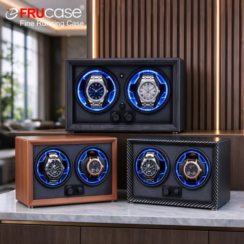 FRUCASE Wooden Watch Winder for Automatic Watches 2 Rolex Box Jewelry Display Collector Storage with Light