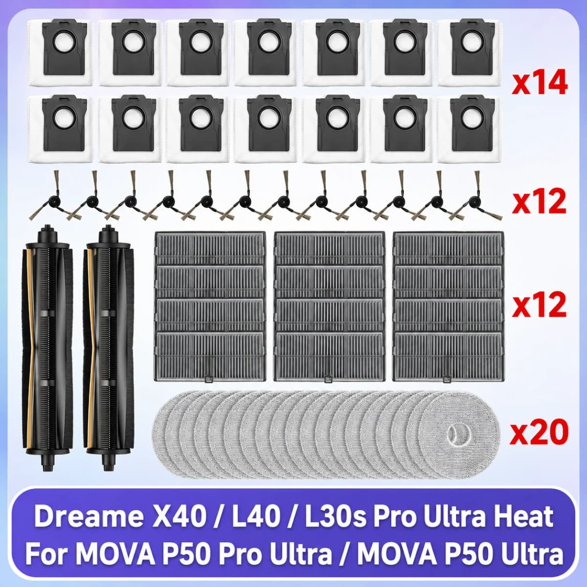 Fit For (Mova P50 PRO ULTRA/P50 Ultra, Dreame X40 Ultra/L40 Ultra/L30s Pro Ultra Heat) Tricut Roller Brush Filter Mop Cloth Bag