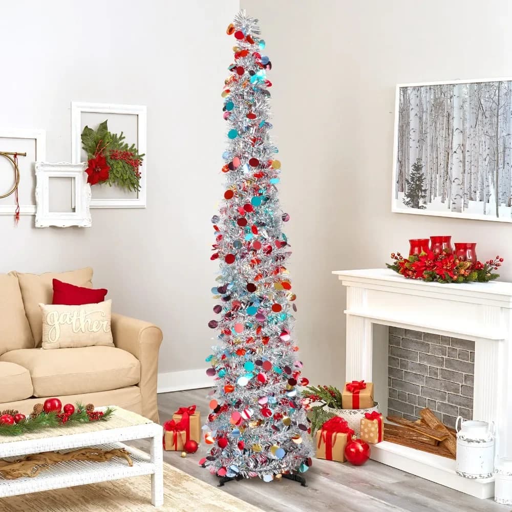 5Ft Foldable Pencil Christmas Tree, Easy To Assemble and Store, Pop-Up Christmas Tree Artificial Ultra-Thin Sequin Christmas and Halloween Decoration for Autumn Home Decoration Fireplace Home Porch Holiday Christmas, Winter Party Decoration