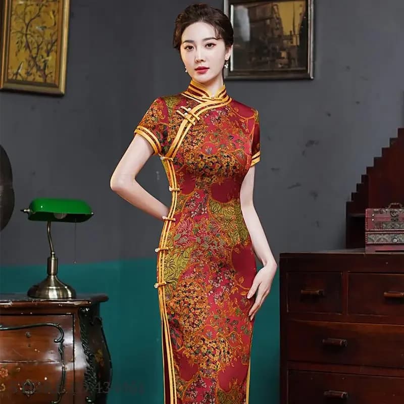 Traditional Mandarin Collar Cheongsam Vintage Classic Lady Long Qipao Sexy Slim Split Chinese Dress Qipao Print Flower Vestidos