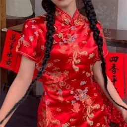 Oversize 4XL 5XL 6XL Qipao Red Dragon Mini Cheongsam Women Satin Vestidos Chinese Style Dresses Vintage Mandarin Collar Qipao